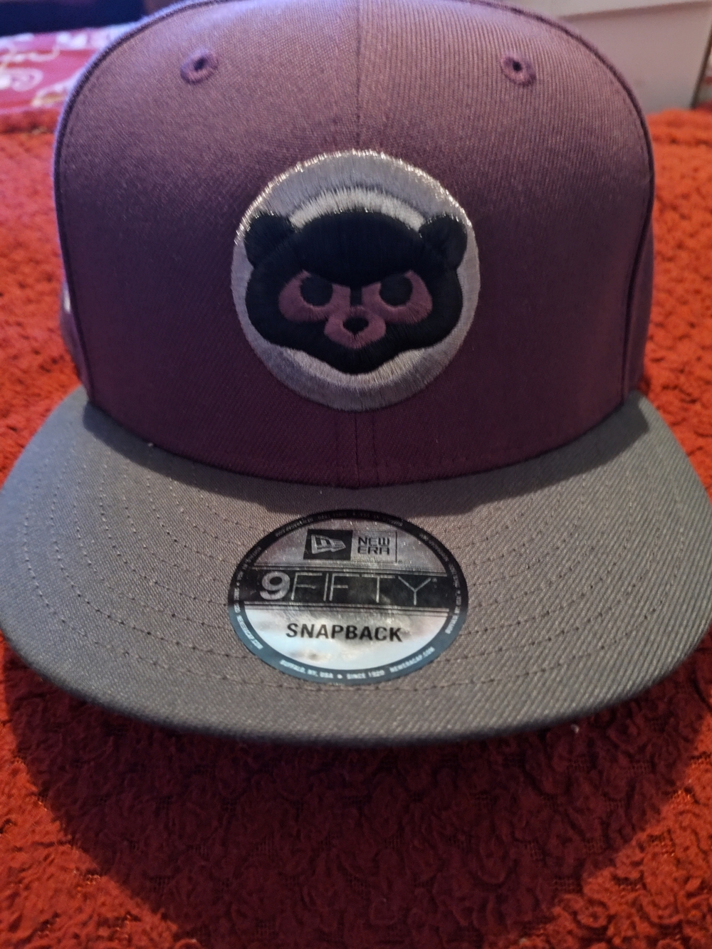 New Era Snapback Hat in Plum and Gray with Bear Patch Snapback